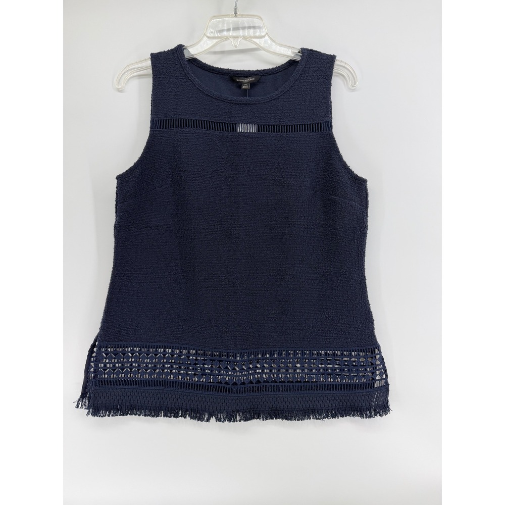 Banana Republic Navy Blue Textured Sleeveless Fringe Crochet Hem Top Medium